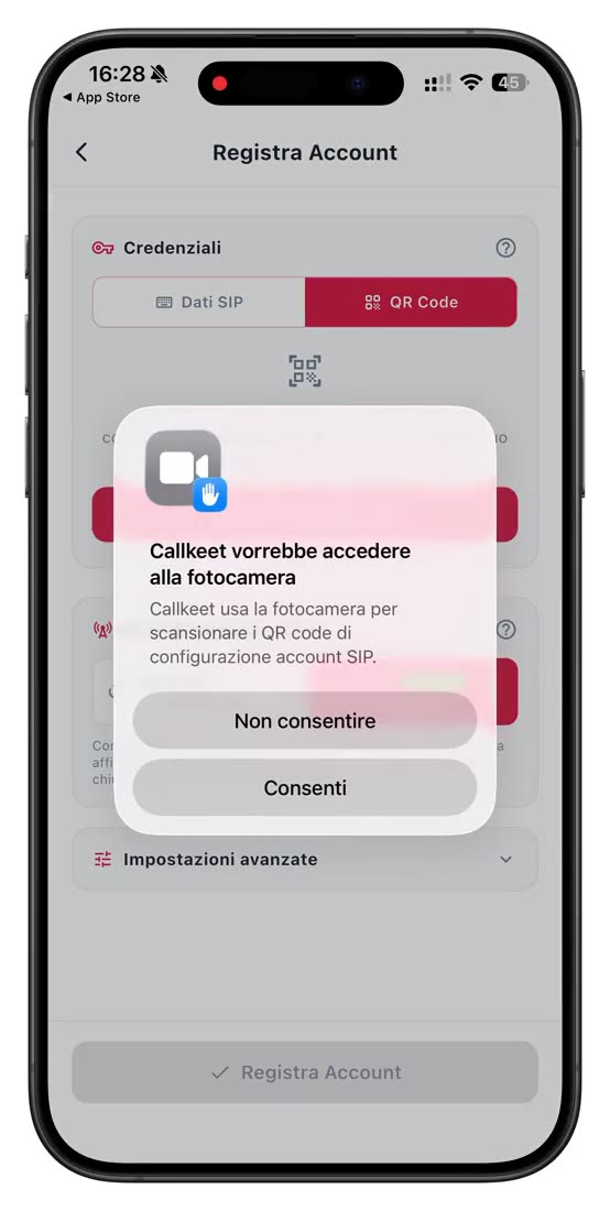Configurare un account SIP scansionando il QR code su CallKeet